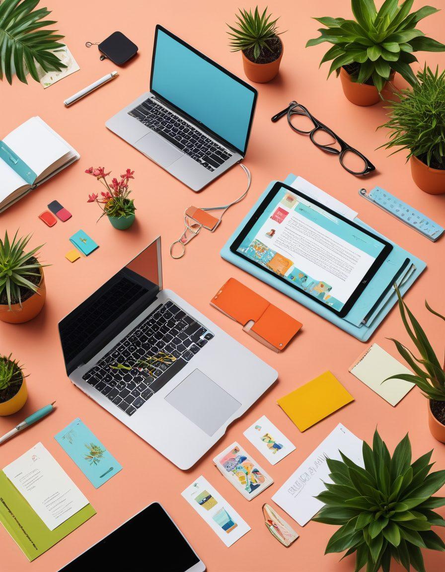 A vibrant flat lay of colorful and unique bookmarks interspersed among a collection of open laptops and digital devices, showcasing various bookmarking tools on their screens. Add whimsical illustrations of links and a touch of nature with plant elements to enhance the beautification theme. The setting should exude creativity and organization, inviting viewers to explore the ease of online link collection. minimalism, vibrant colors, flat design.