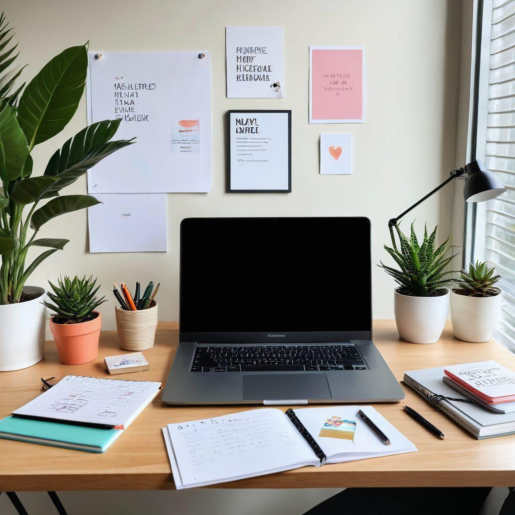 A stylish workspace featuring a beautifully organized digital desktop with vibrant aesthetic bookmarks displayed across the screen. Include pops of color in the bookmarks and elegant stationery, surrounding a laptop with an inspiring quote on the screen. Subtle plant decorations in the background for a refreshing vibe. super-realistic. vibrant colors. soft focus.